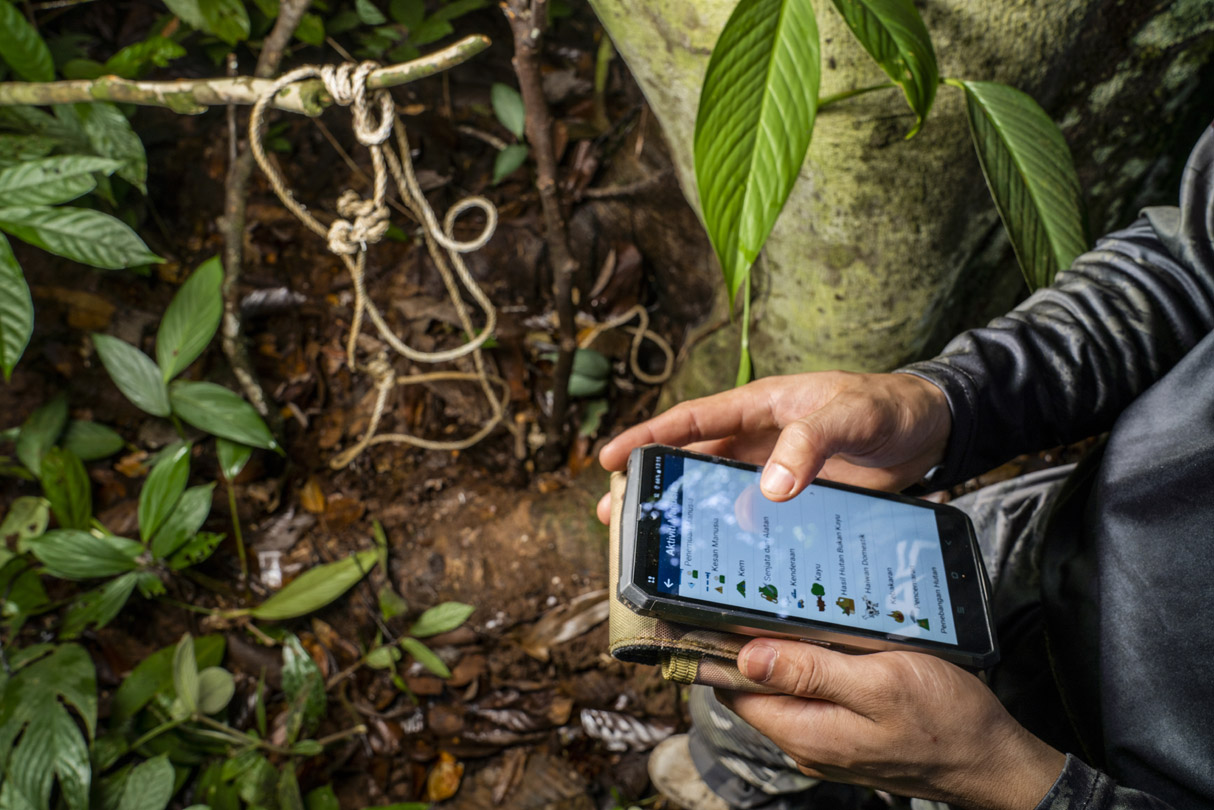 Panthera conservationist, entering data upon finding snare set by poachers